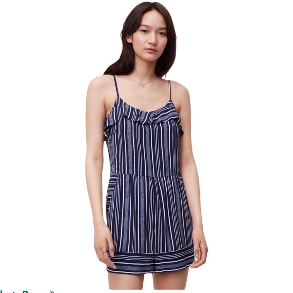 Loft Navy Vertical Striped Ruffle Trim Romper US 8